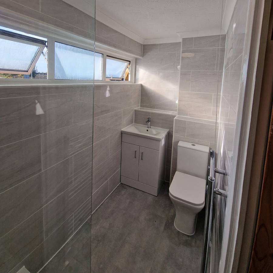 Contemporary grey ensuite — bathroom fitted by BG Premier in Basildon, Essex